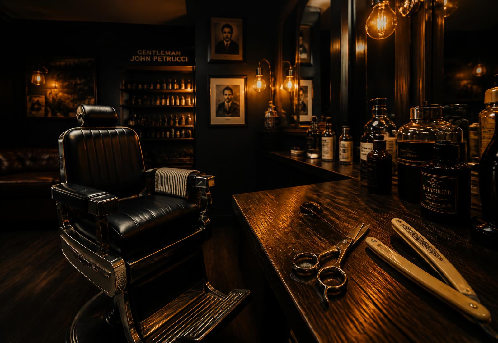 Interior da barbearia Conceito Macho com cadeira de couro, navalha e tesoura